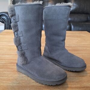 UGG Gray Suede Winter Boots with Buckle Detail